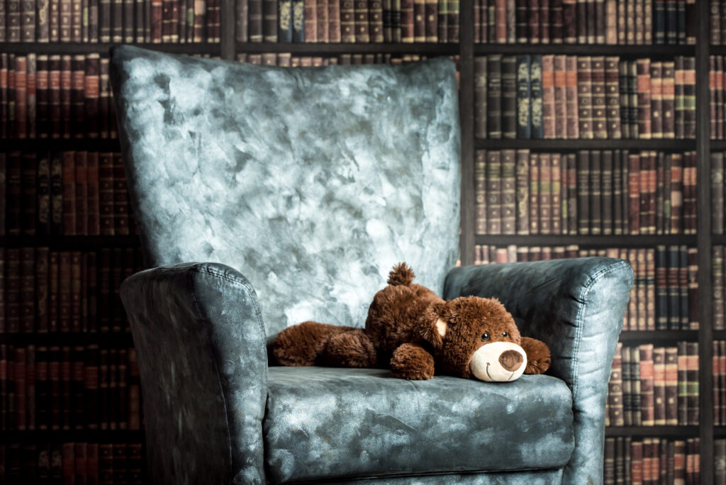 A teddy bear sits on an armchair in front of a large book shelf, symbolizing a reading nook.