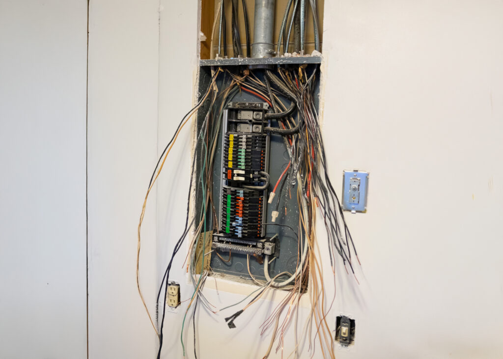 A zinsco electrical panel with exposed wires in the middle of maintenance.